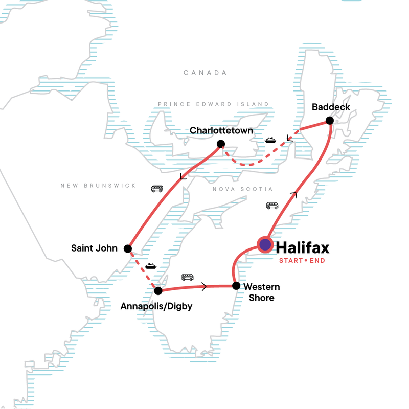 Map of the route for Coastal Treasures of the Canadian Maritimes