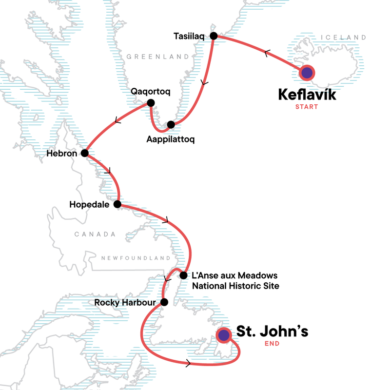 Map of the route for Across the North Atlantic: Iceland, Greenland & Labrador
